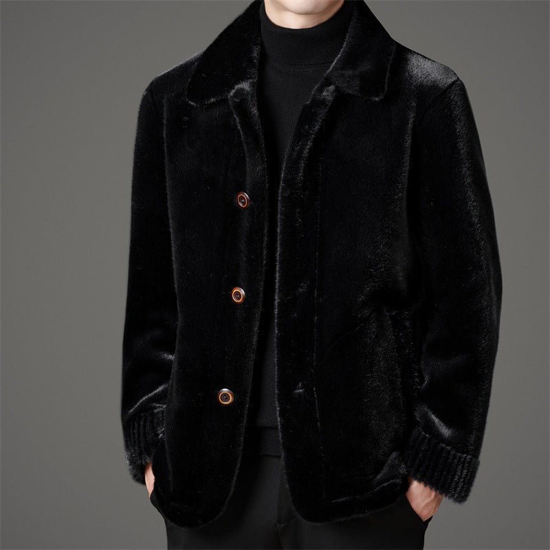Men's Winter Middle-aged Lapel Golden Mink Leather Wool Coat - IVOIRART.COM