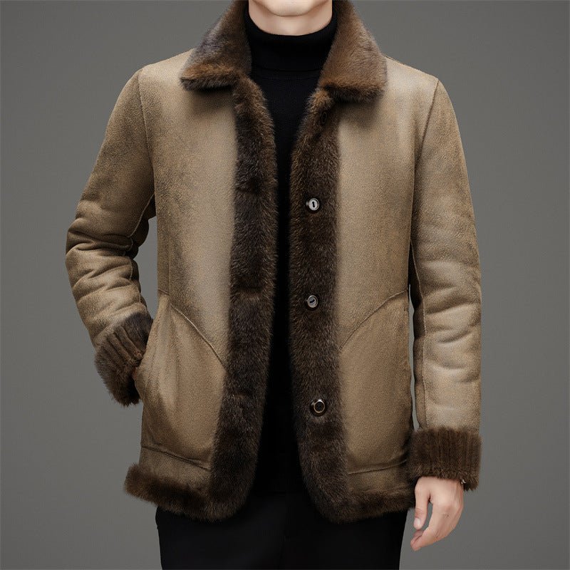 Men's Winter Middle-aged Lapel Golden Mink Leather Wool Coat - IVOIRART.COM