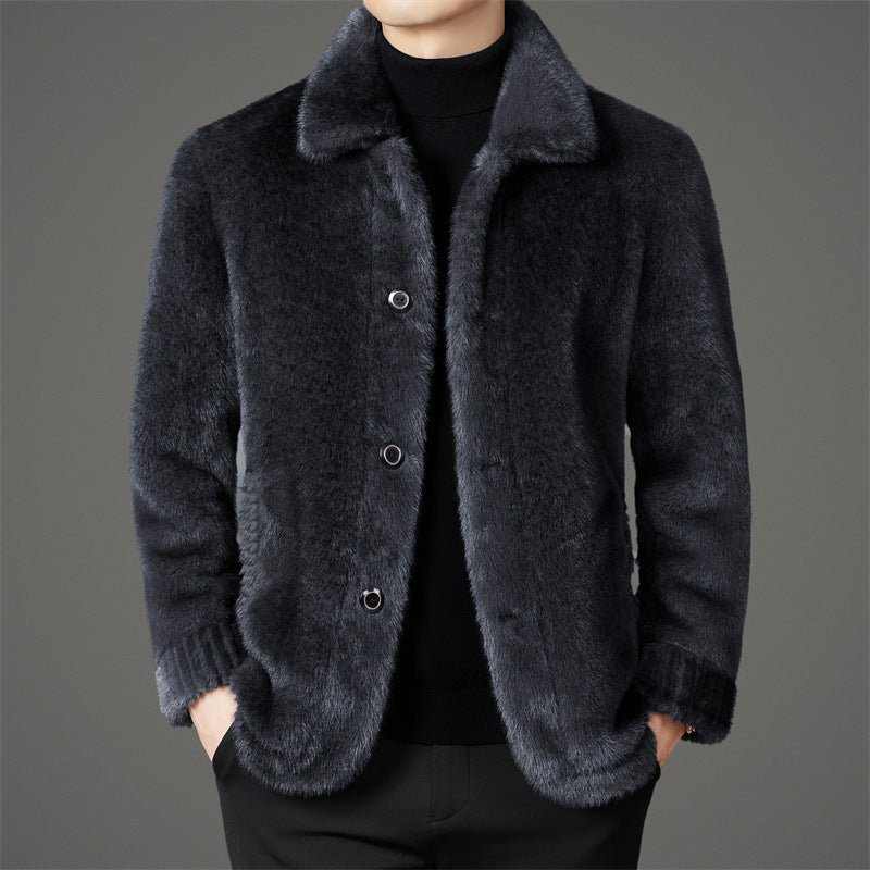 Men's Winter Middle-aged Lapel Golden Mink Leather Wool Coat - IVOIRART.COM