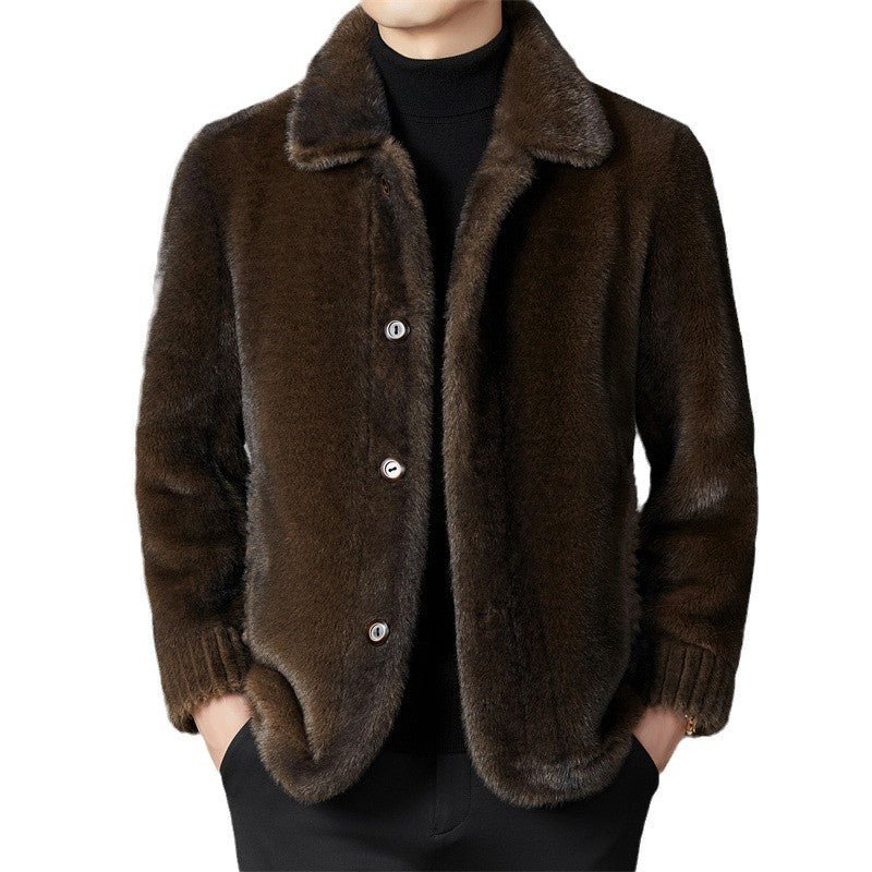 Men's Winter Middle-aged Lapel Golden Mink Leather Wool Coat - IVOIRART.COM