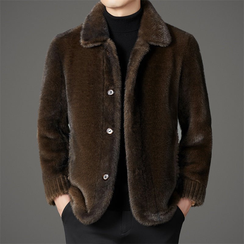 Men's Winter Middle-aged Lapel Golden Mink Leather Wool Coat - IVOIRART.COM