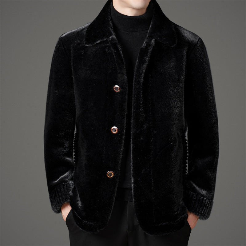 Men's Winter Middle-aged Lapel Golden Mink Leather Wool Coat - IVOIRART.COM