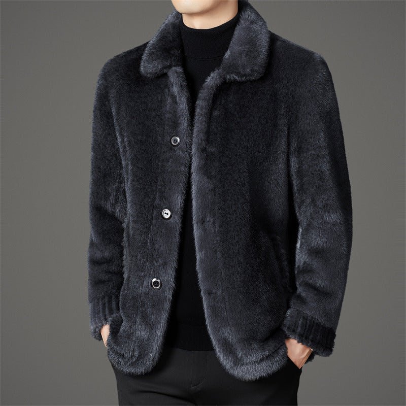 Men's Winter Middle-aged Lapel Golden Mink Leather Wool Coat - IVOIRART.COM