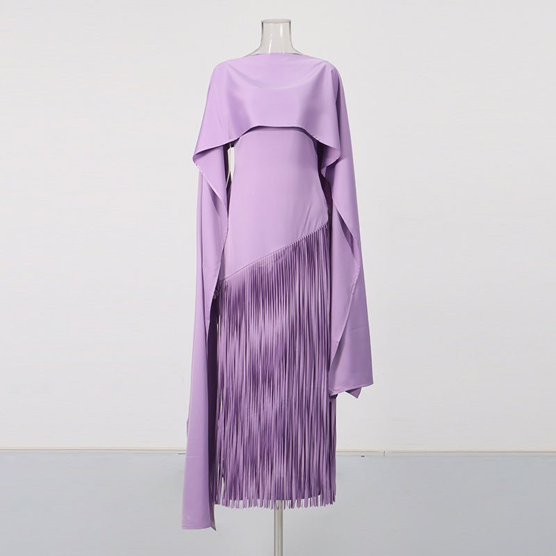 Misty Purple Asymmetrical Fringe Cloak-Style Evening Gown Long Dress - IVOIRART.COM