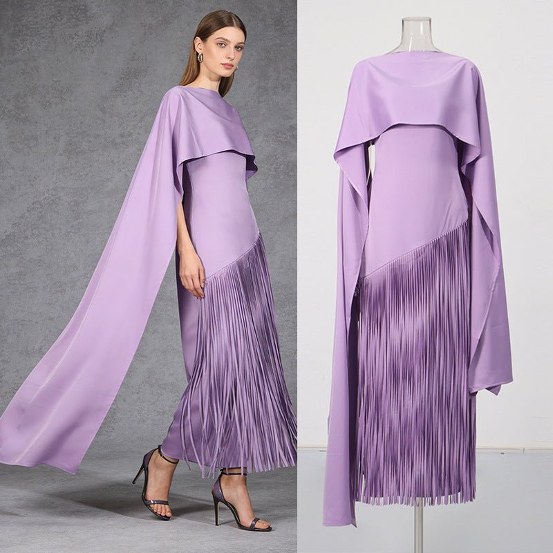 Misty Purple Asymmetrical Fringe Cloak-Style Evening Gown Long Dress - IVOIRART.COM