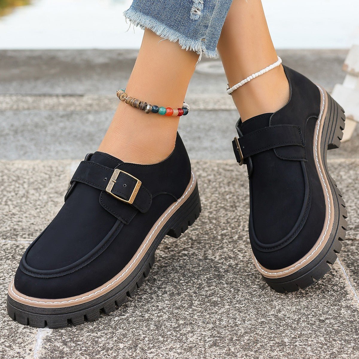 Mocassins à Boucle Mode pour Femmes Style Britannique Talon Épais Rehaussant Confort - IVOIRART.COM