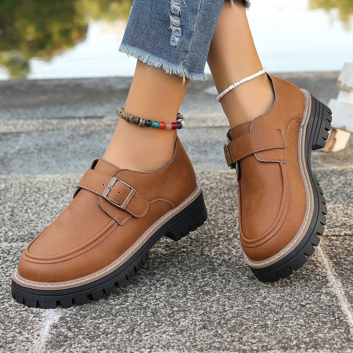 Mocassins à Boucle Mode pour Femmes Style Britannique Talon Épais Rehaussant Confort - IVOIRART.COM