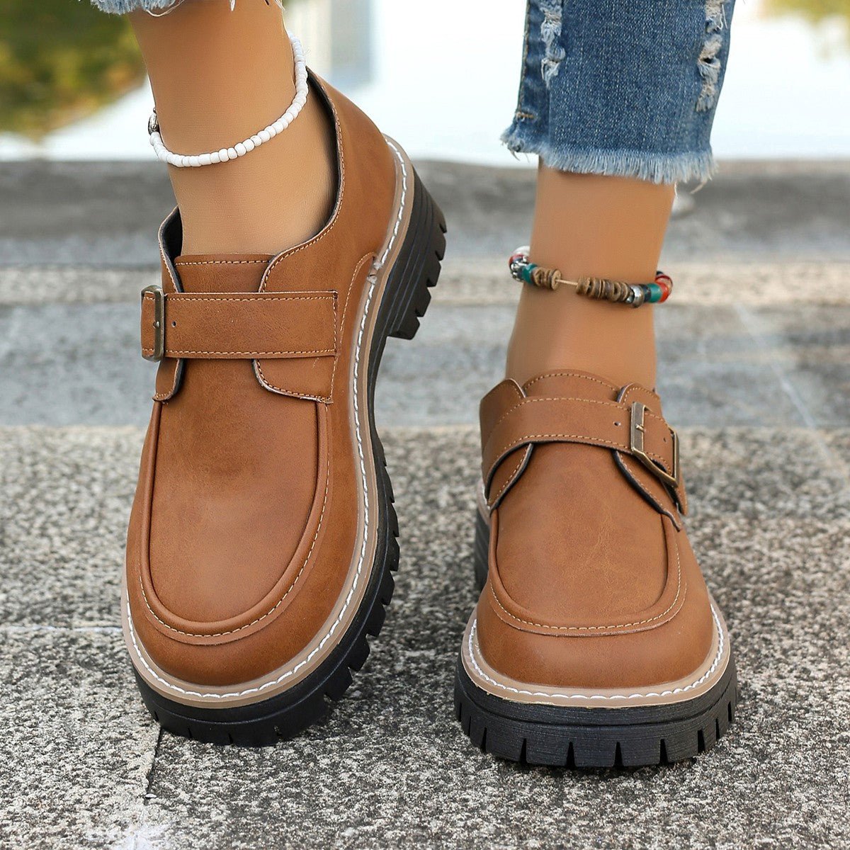 Mocassins à Boucle Mode pour Femmes Style Britannique Talon Épais Rehaussant Confort - IVOIRART.COM