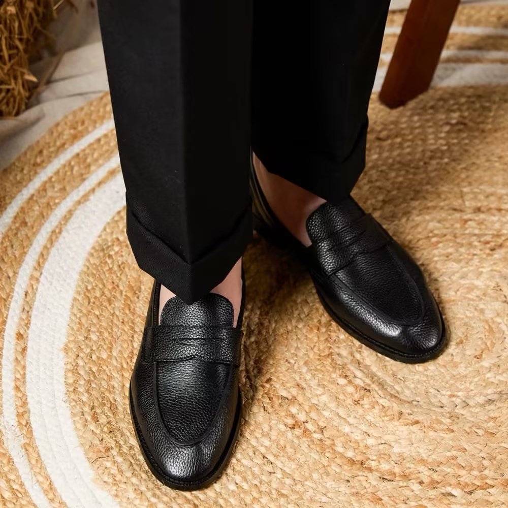 Mocassins homme cuir vachette grain litchi vintage British noir élégant chic mode - IVOIRART.COM