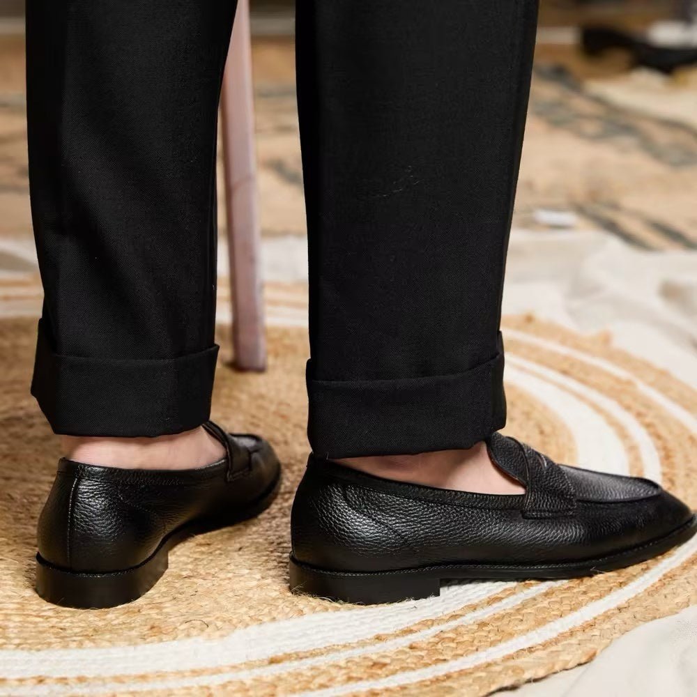 Mocassins homme cuir vachette grain litchi vintage British noir élégant chic mode - IVOIRART.COM