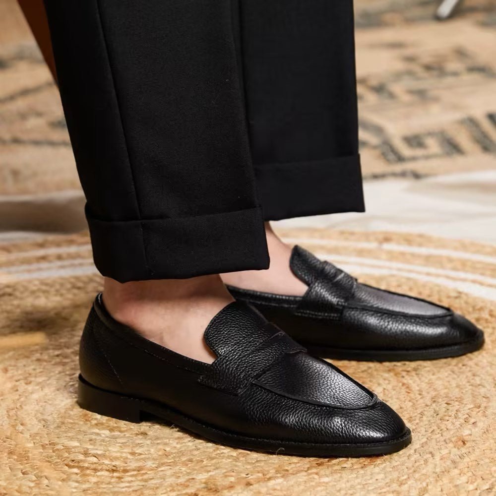 Mocassins homme cuir vachette grain litchi vintage British noir élégant chic mode - IVOIRART.COM