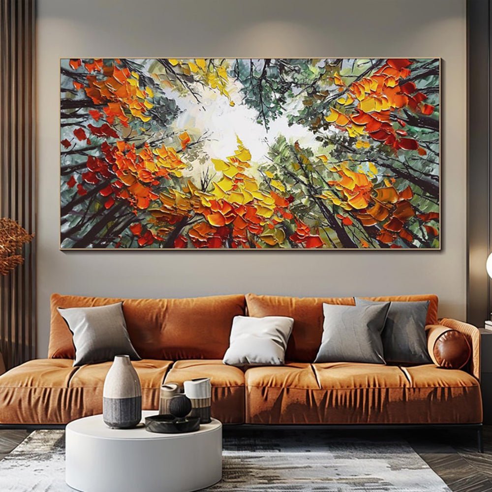 Moderne Brich Treescape - Tableau toile paysage peint main forêt orange 60x60cms - IVOIRART.COM