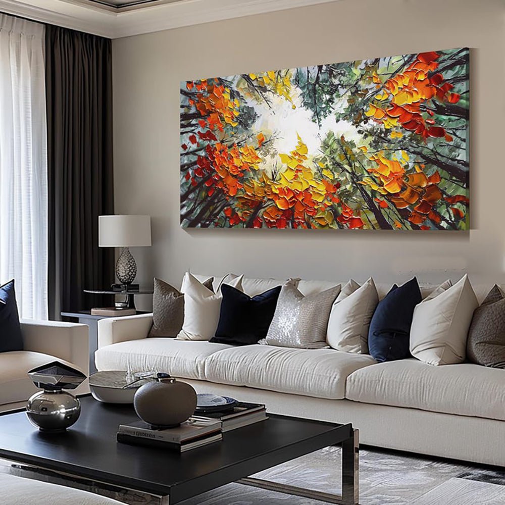 Moderne Brich Treescape - Tableau toile paysage peint main forêt orange 60x60cms - IVOIRART.COM
