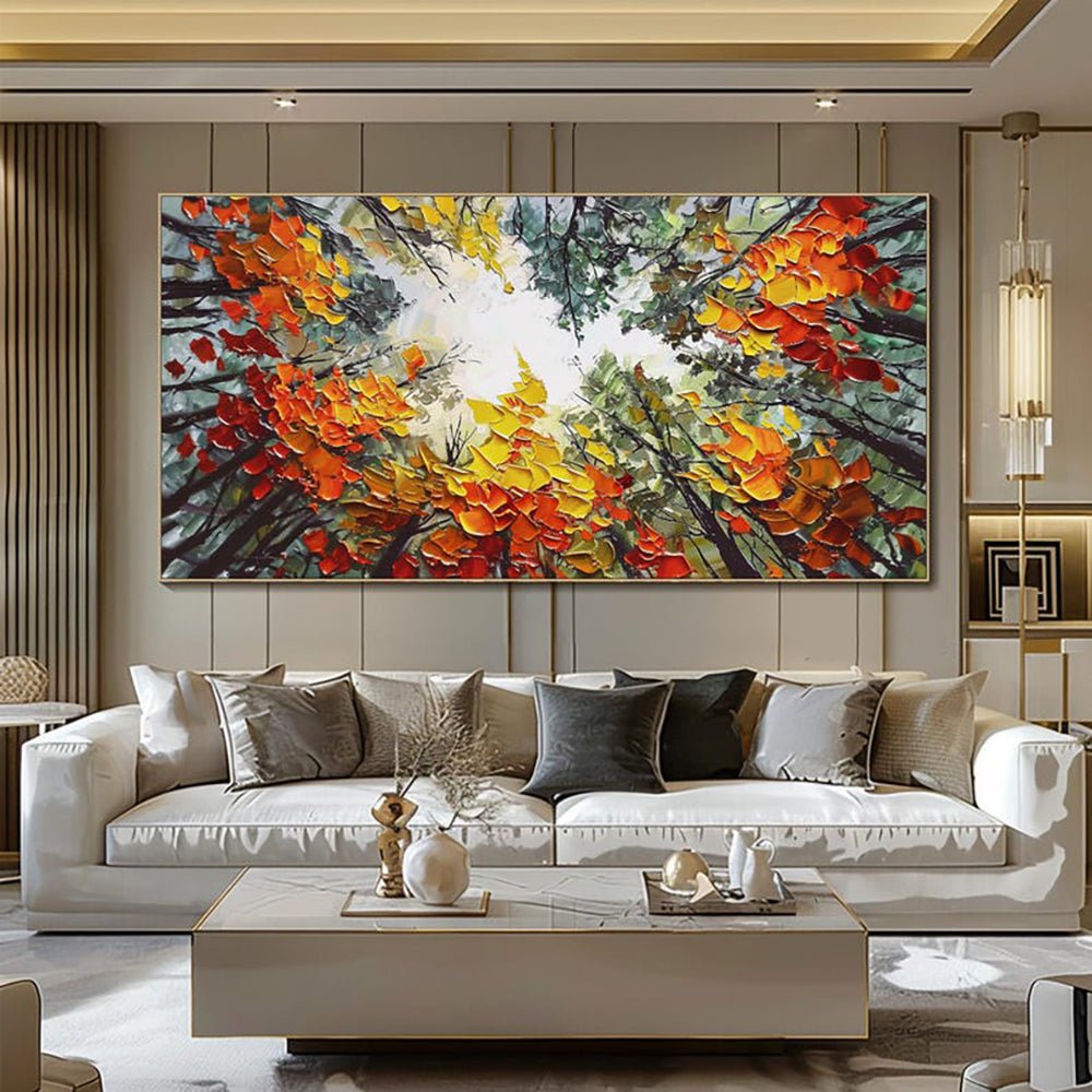 Moderne Brich Treescape - Tableau toile paysage peint main forêt orange 60x60cms - IVOIRART.COM