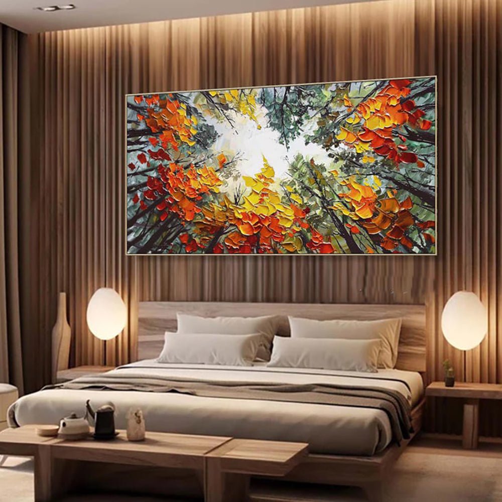 Moderne Brich Treescape - Tableau toile paysage peint main forêt orange 60x60cms - IVOIRART.COM