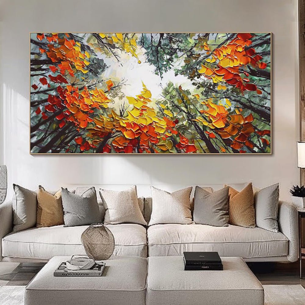 Moderne Brich Treescape - Tableau toile paysage peint main forêt orange 60x60cms - IVOIRART.COM