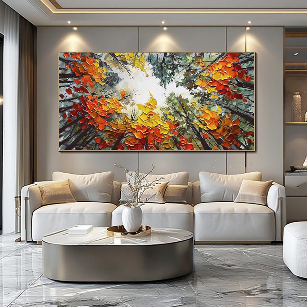 Moderne Brich Treescape - Tableau toile paysage peint main forêt orange 60x60cms - IVOIRART.COM