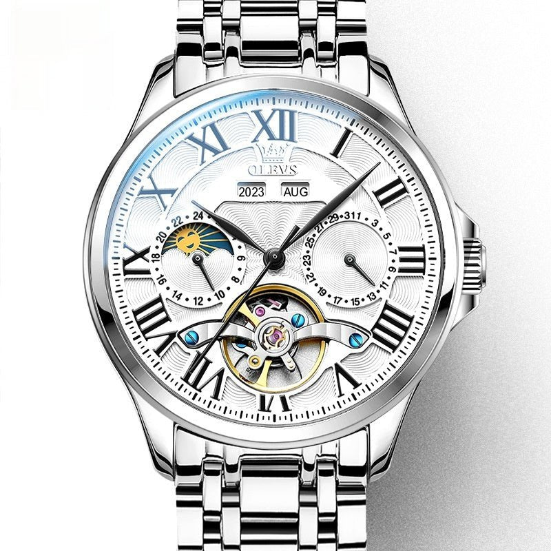 Montre automatique mécanique homme élégance affaires double calendrier acier et cuir - IVOIRART.COM