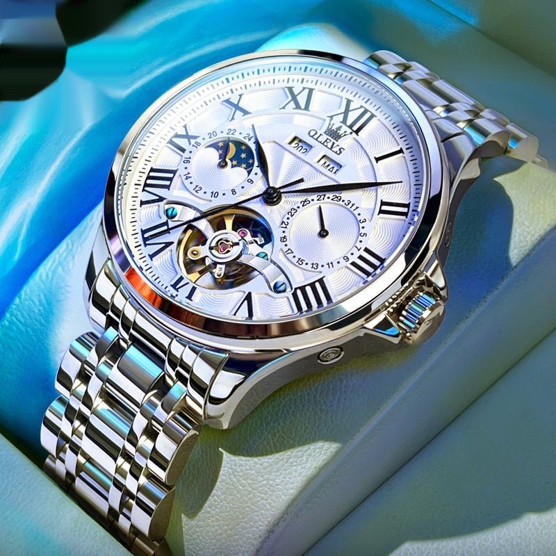 Montre automatique mécanique homme élégance affaires double calendrier acier et cuir - IVOIRART.COM