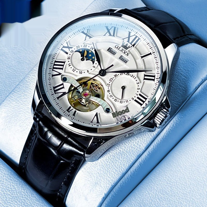 Montre automatique mécanique homme élégance affaires double calendrier acier et cuir - IVOIRART.COM