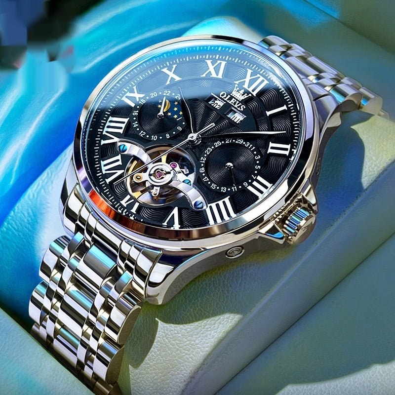 Montre automatique mécanique homme élégance affaires double calendrier acier et cuir - IVOIRART.COM