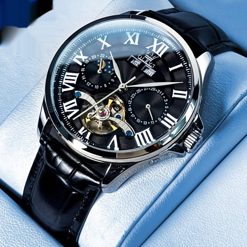 Montre automatique mécanique homme élégance affaires double calendrier acier et cuir - IVOIRART.COM