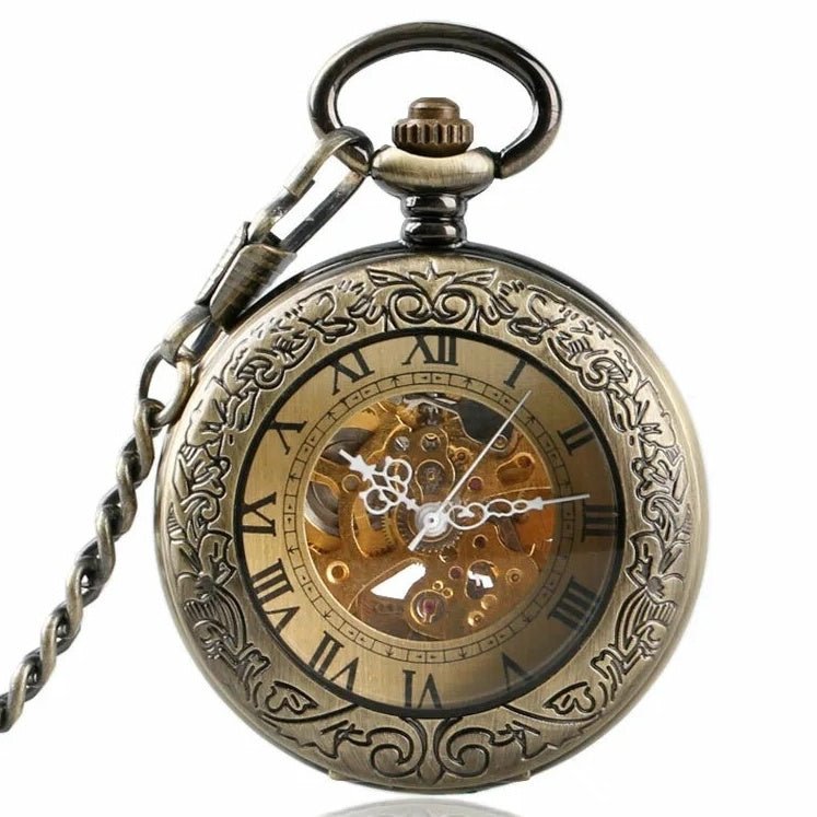 Montre de Poche Mécanique Gravée avec Couvercle Transparent Rétro à Clapet - IVOIRART.COM