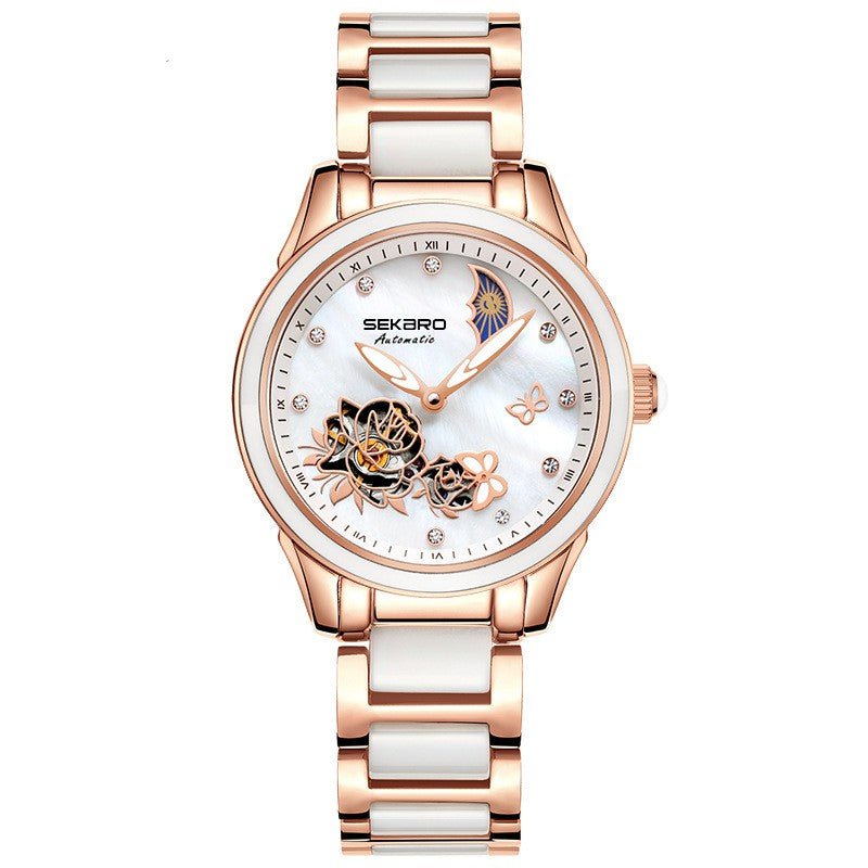Montre femme automatique mécanique ajourée Fashion — design céramique et papillon. - IVOIRART.COM