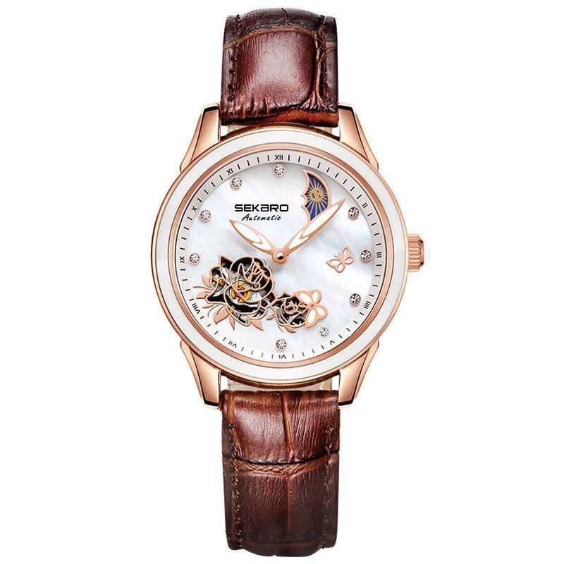 Montre femme automatique mécanique ajourée Fashion — design céramique et papillon. - IVOIRART.COM