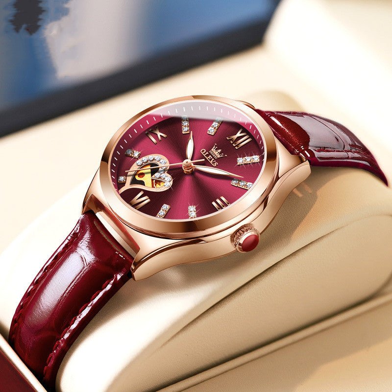 Montre Femme Automatique Mécanique Élégante avec Cadran Rond et Bracelet Cuir - IVOIRART.COM