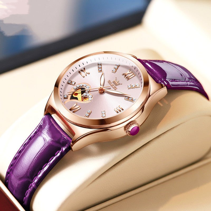 Montre Femme Automatique Mécanique Élégante avec Cadran Rond et Bracelet Cuir - IVOIRART.COM