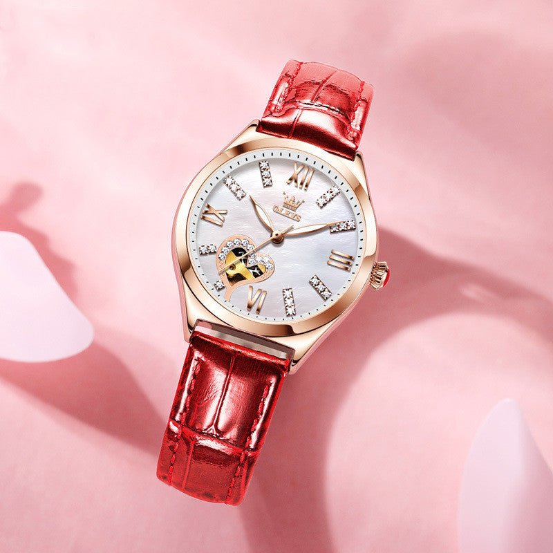 Montre Femme Automatique Mécanique Élégante avec Cadran Rond et Bracelet Cuir - IVOIRART.COM