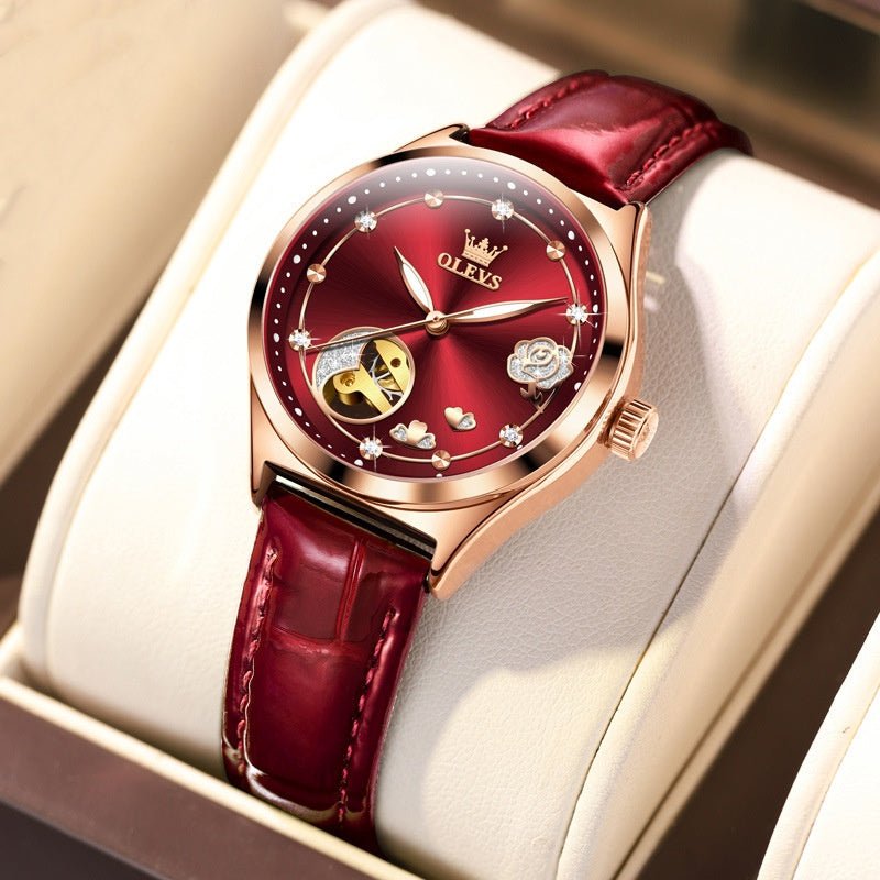 Montre femme mécanique étanche en cuir véritable, style fashion, étanchéité 30M - IVOIRART.COM