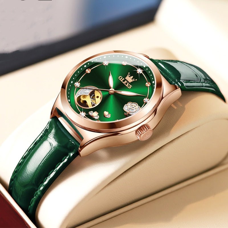 Montre femme mécanique étanche en cuir véritable, style fashion, étanchéité 30M - IVOIRART.COM