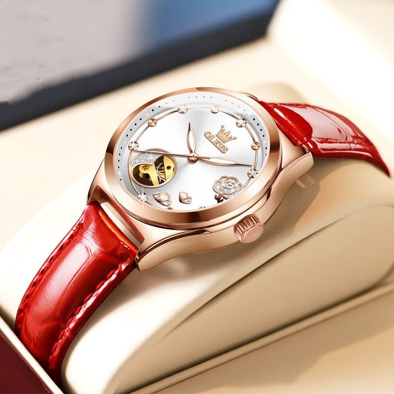 Montre femme mécanique étanche en cuir véritable, style fashion, étanchéité 30M - IVOIRART.COM