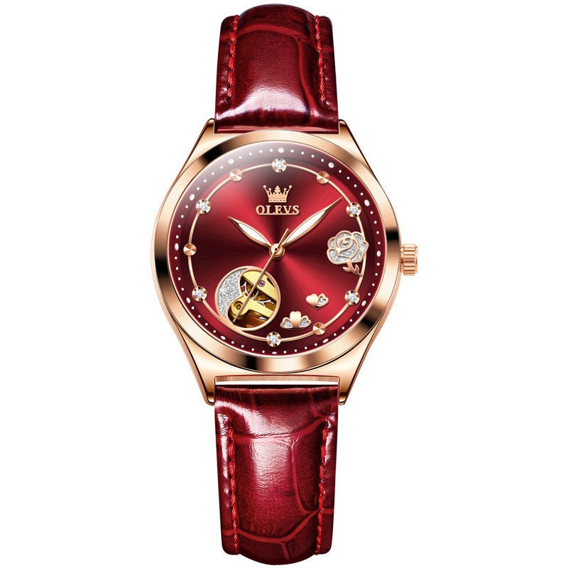 Montre femme mécanique étanche en cuir véritable, style fashion, étanchéité 30M - IVOIRART.COM