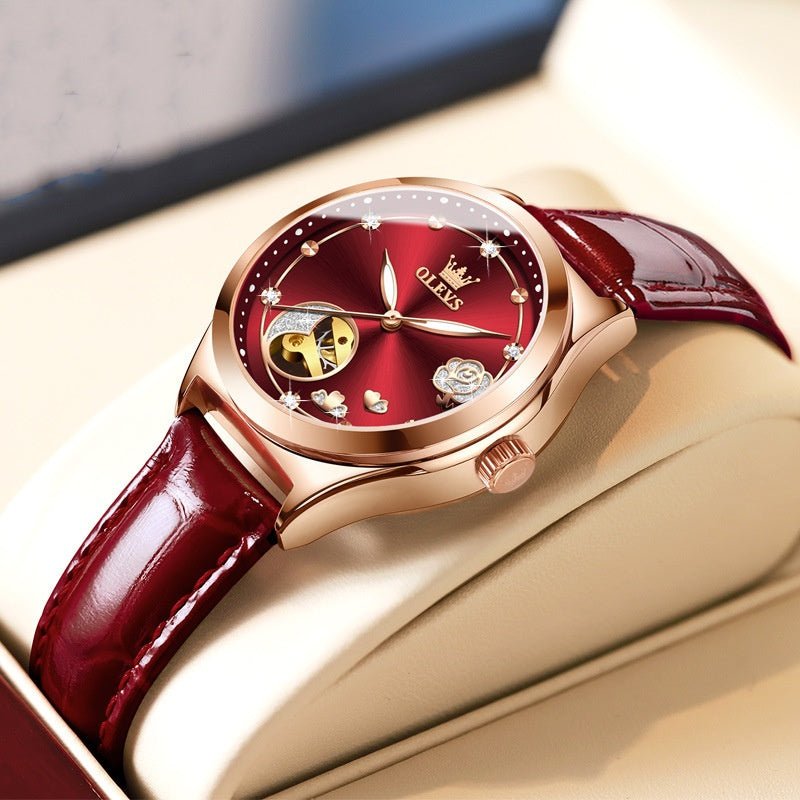 Montre femme mécanique étanche en cuir véritable, style fashion, étanchéité 30M - IVOIRART.COM