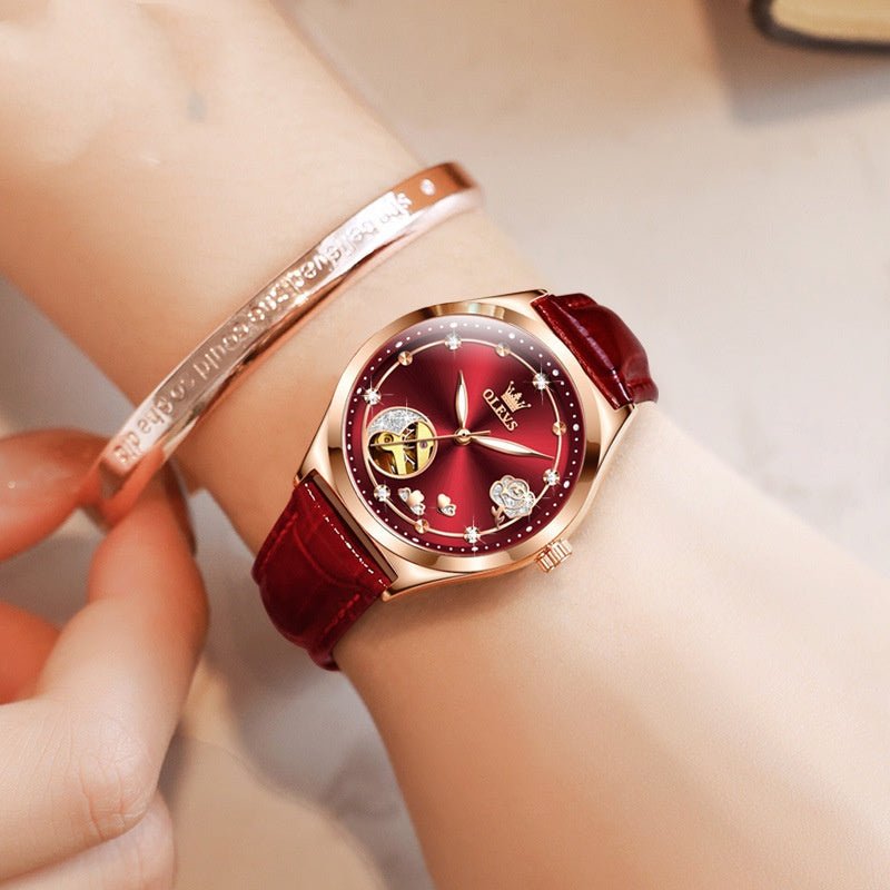 Montre femme mécanique étanche en cuir véritable, style fashion, étanchéité 30M - IVOIRART.COM