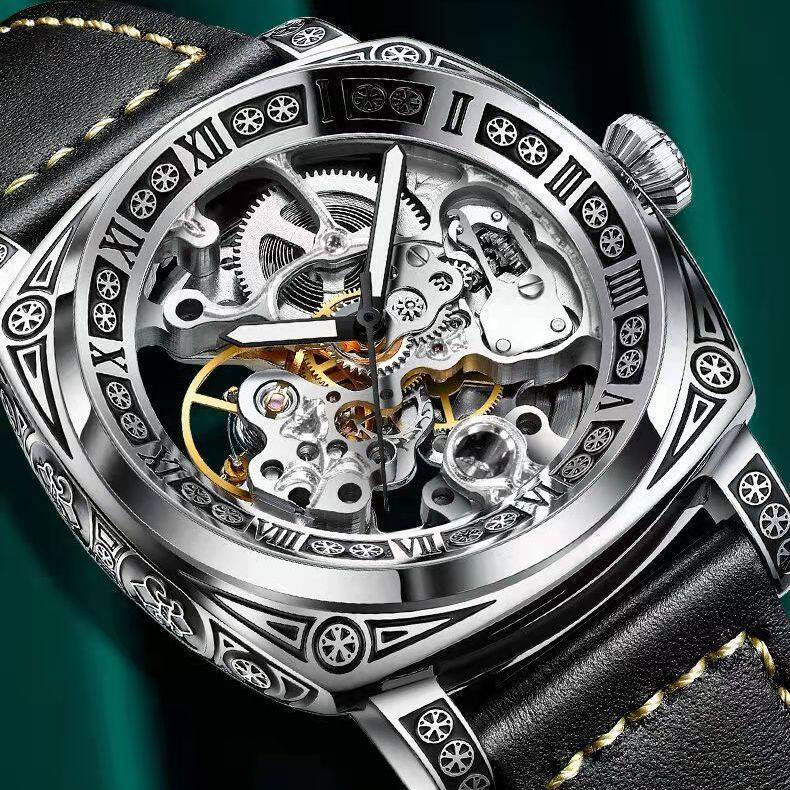 Montre homme automatique mécanique vintage sculptée bracelet maille, style casual - IVOIRART.COM