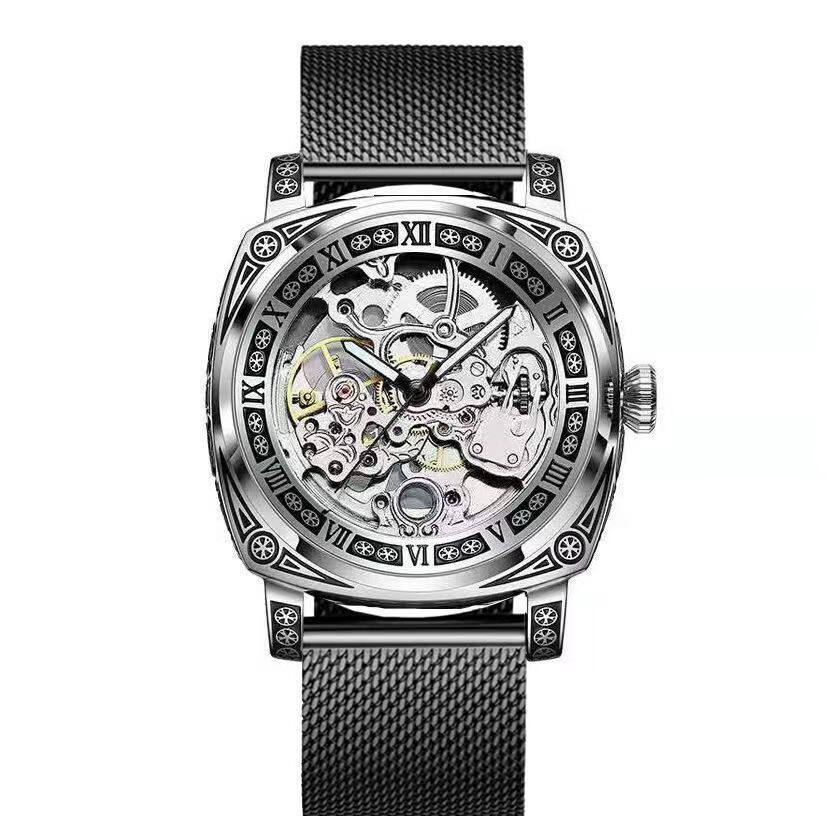 Montre homme automatique mécanique vintage sculptée bracelet maille, style casual - IVOIRART.COM