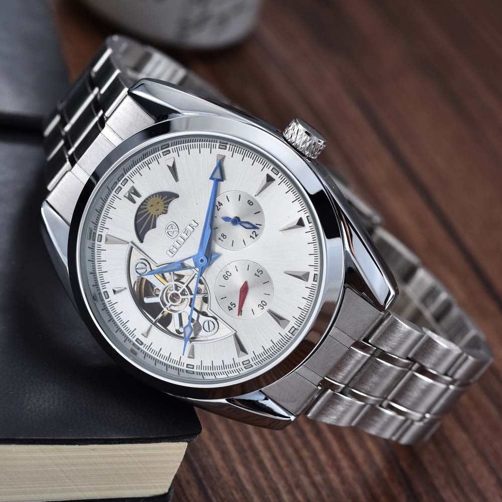 Montre Homme Tourbillon Automatique avec Bracelet Acier Inoxydable, Phase de Lune et Petite Seconde - IVOIRART.COM