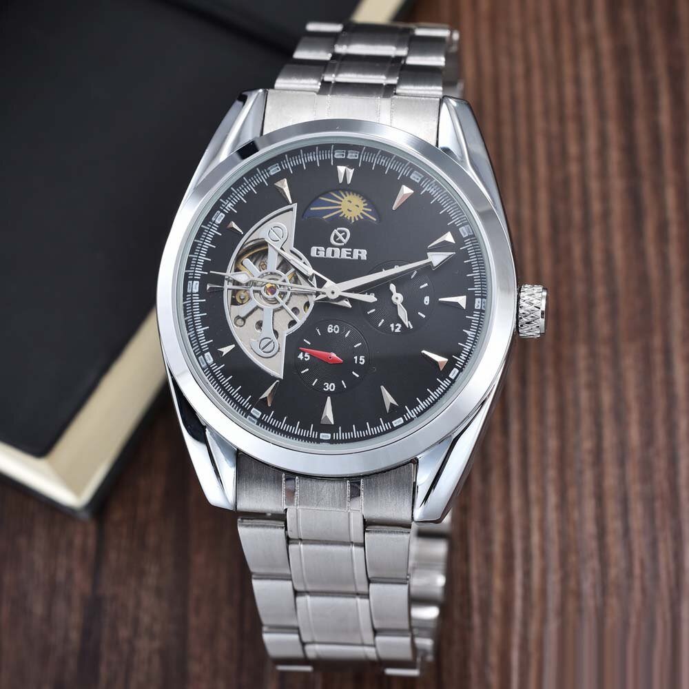 Montre Homme Tourbillon Automatique avec Bracelet Acier Inoxydable, Phase de Lune et Petite Seconde - IVOIRART.COM