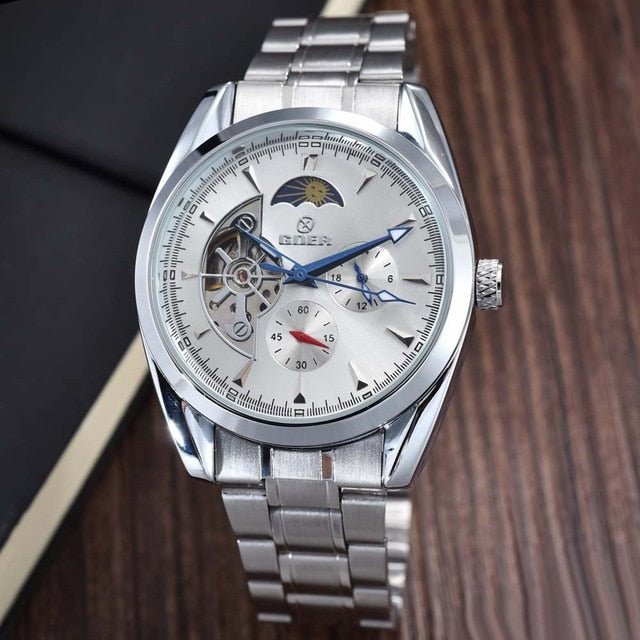 Montre Homme Tourbillon Automatique avec Bracelet Acier Inoxydable, Phase de Lune et Petite Seconde - IVOIRART.COM