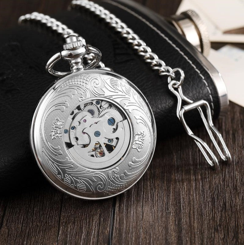 Montre mécanique automatique classique rétro embossée ajourée en noir et argent, épaisseur 6 mm - IVOIRART.COM