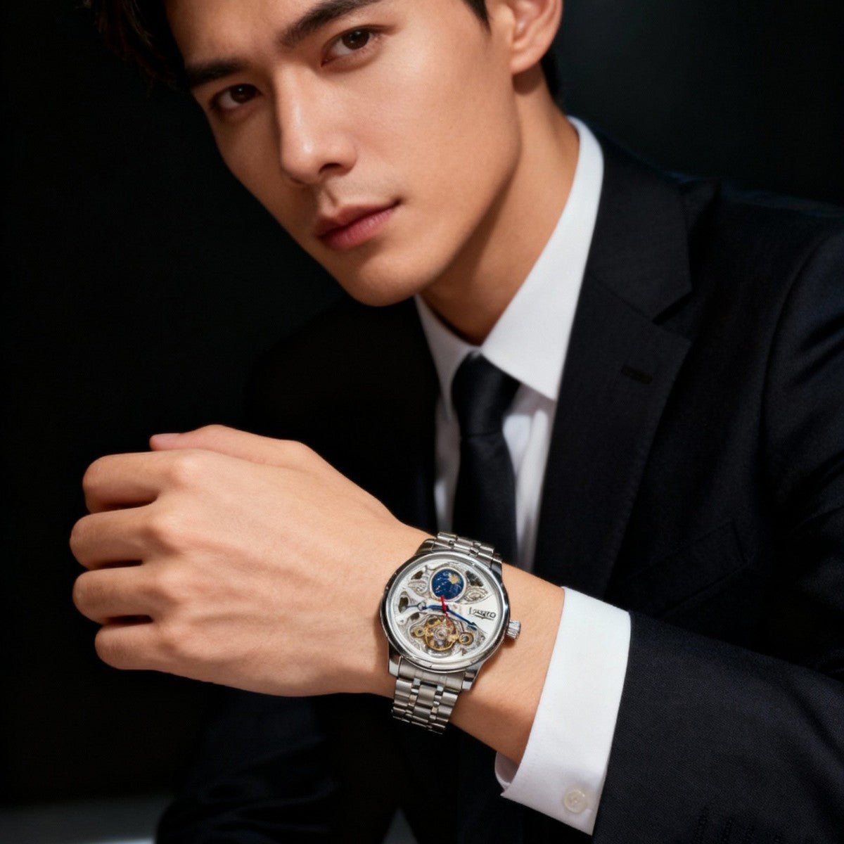 Montre Mécanique Automatique Homme Phase de Lune Tourbillon ajourée élégante - IVOIRART.COM