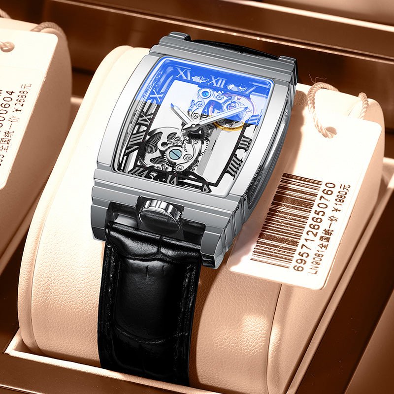 Montre mécanique double face style tonneau avec cadran creux 33 mm cuir acier - IVOIRART.COM