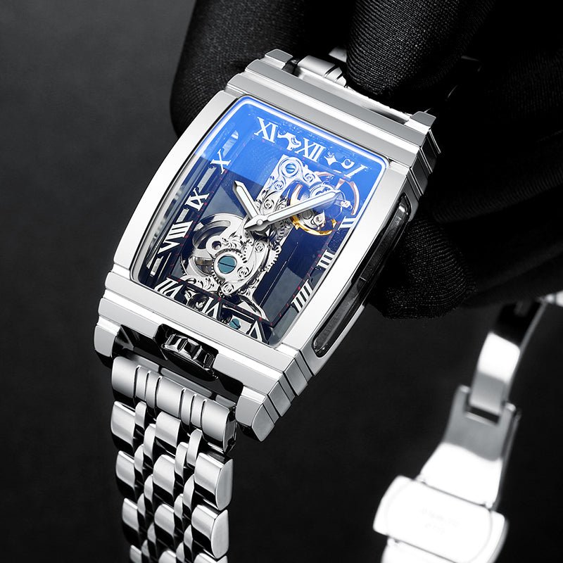 Montre mécanique double face style tonneau avec cadran creux 33 mm cuir acier - IVOIRART.COM