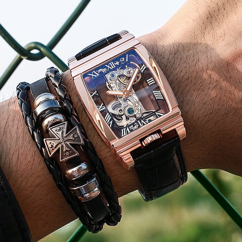 Montre mécanique double face style tonneau avec cadran creux 33 mm cuir acier - IVOIRART.COM