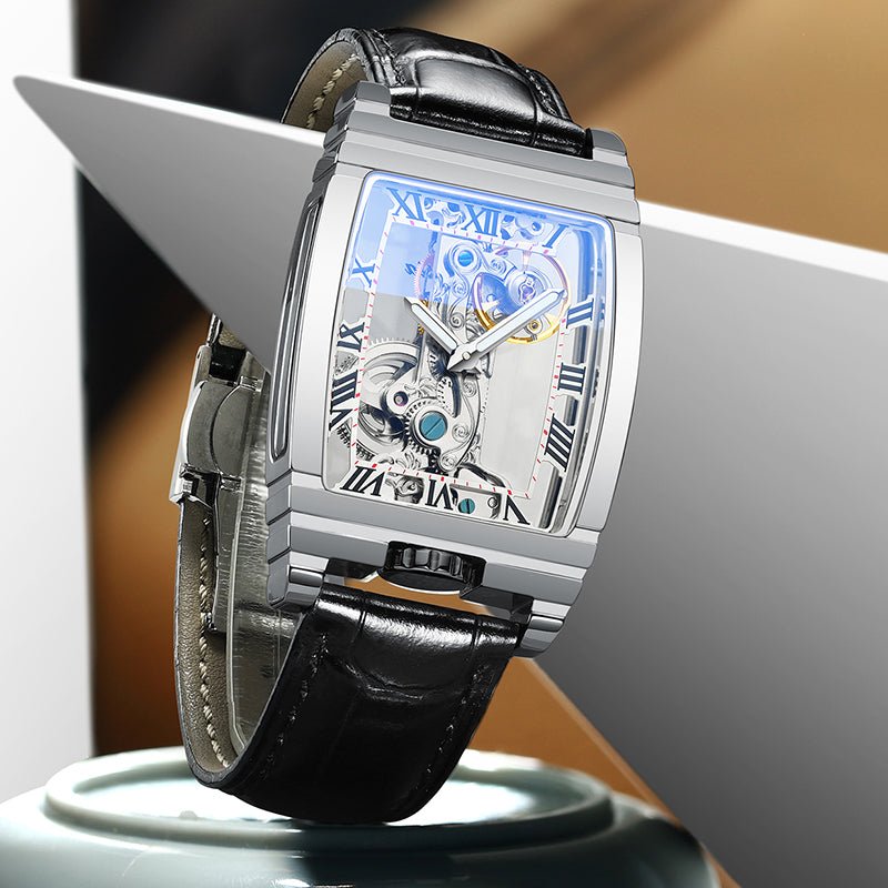 Montre mécanique double face style tonneau avec cadran creux 33 mm cuir acier - IVOIRART.COM