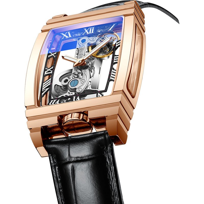 Montre mécanique double face style tonneau avec cadran creux 33 mm cuir acier - IVOIRART.COM